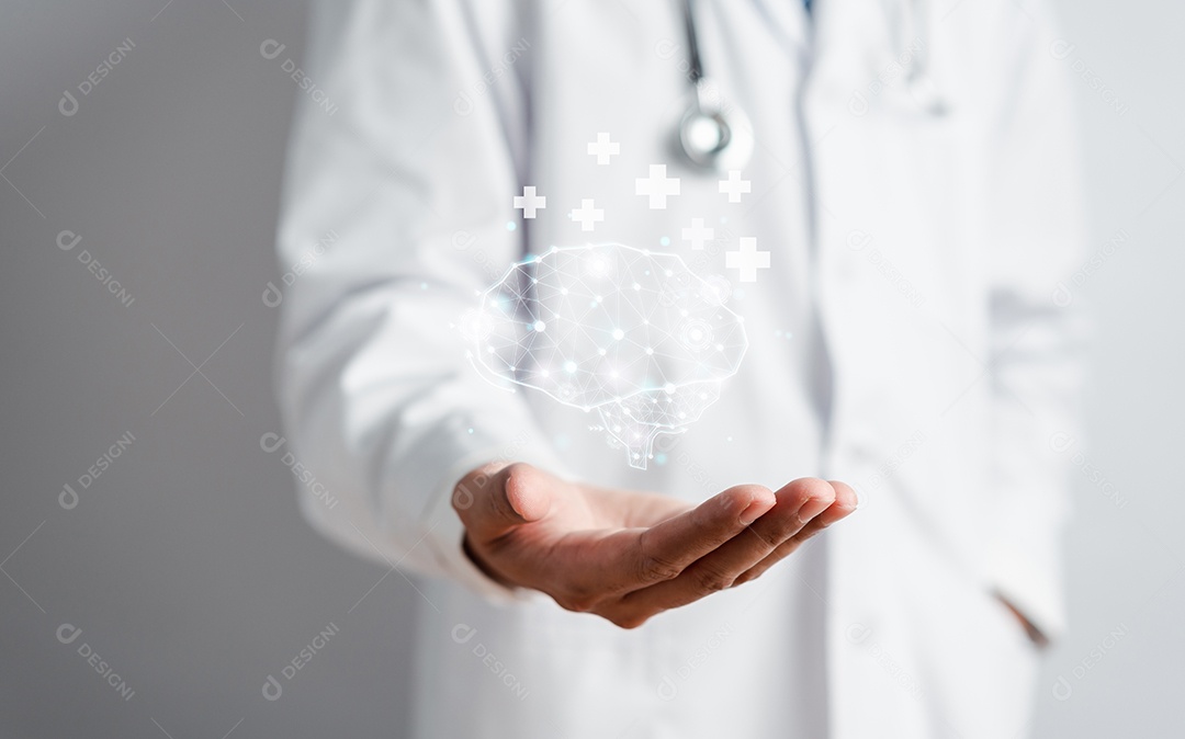 Médico segurando cérebro humano virtual, pensamento de inteligência criativa de ideia
