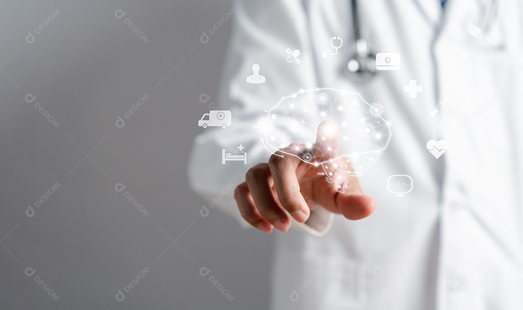 Doutor segurando cérebro humano virtual com tecnologia de cérebro artificial ai