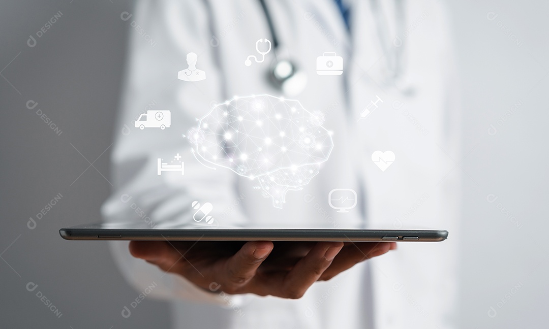 Doutor segurando cérebro humano virtual com tecnologia de cérebro artificial ai