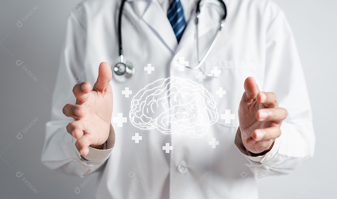 Médico segurando cérebro humano virtual, pensamento de inteligência criativa de ideia