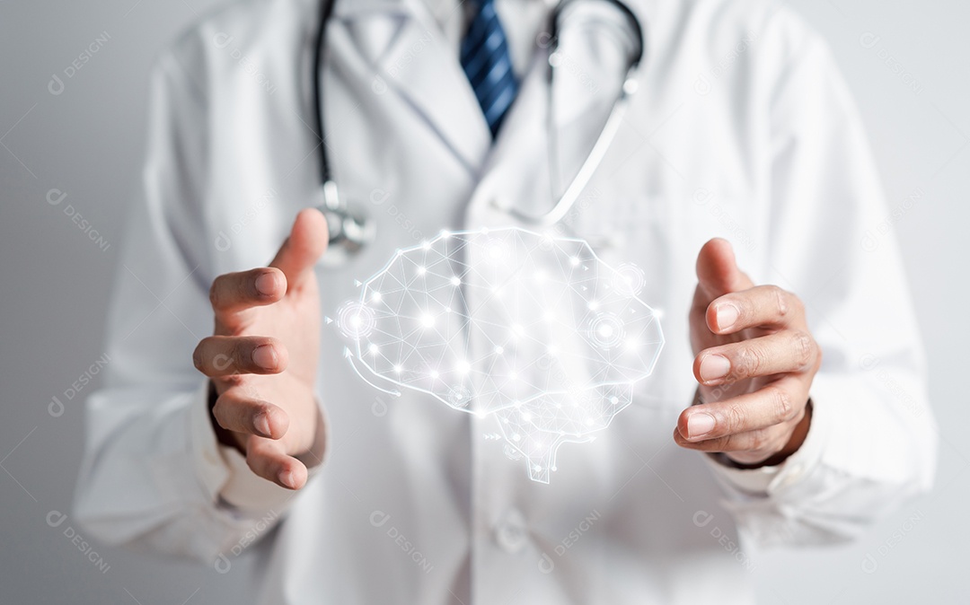 Médico segurando cérebro humano virtual, pensamento de inteligência criativa de ideia