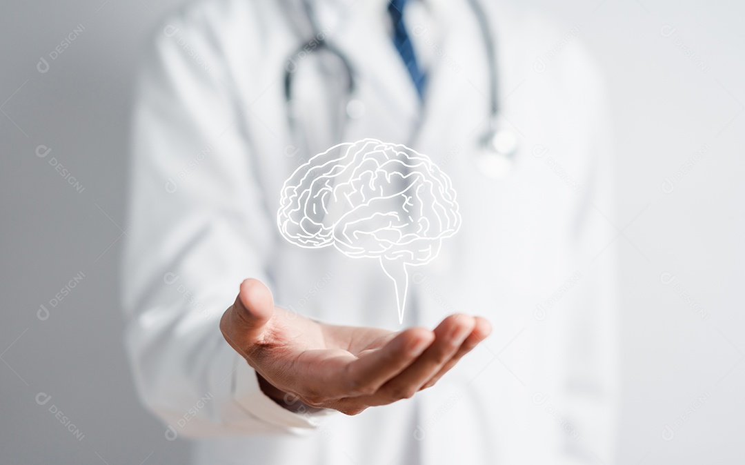 Médico segurando cérebro humano virtual, pensamento de inteligência criativa de ideia