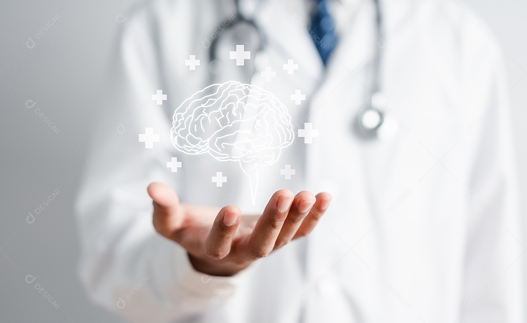 Médico segurando cérebro humano virtual, pensamento de inteligência criativa de ideia