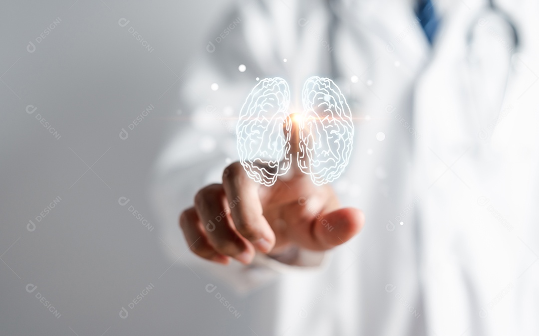 Médico segurando cérebro humano virtual, pensamento de inteligência criativa de ideia