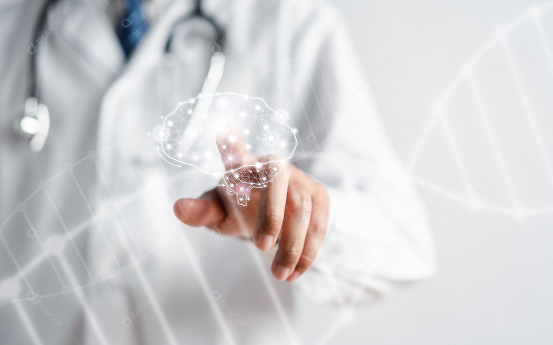 Doutor segurando cérebro humano virtual com tecnologia de cérebro artificial ai