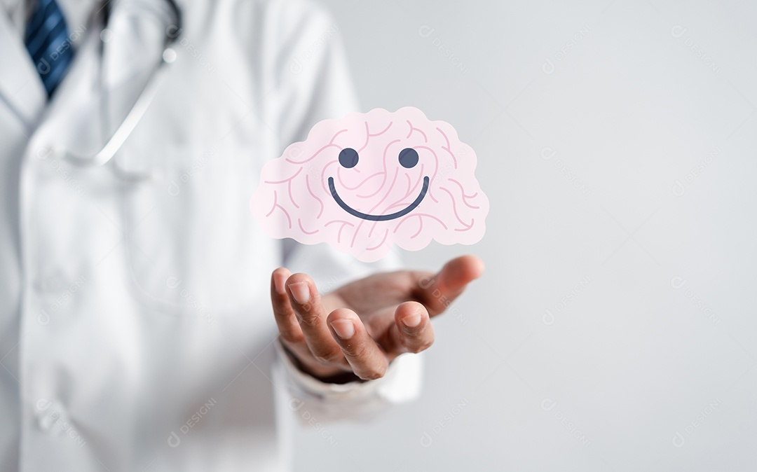 Médico segurando cérebro humano virtual e saúde mental sorridente assinam pensamento positivo