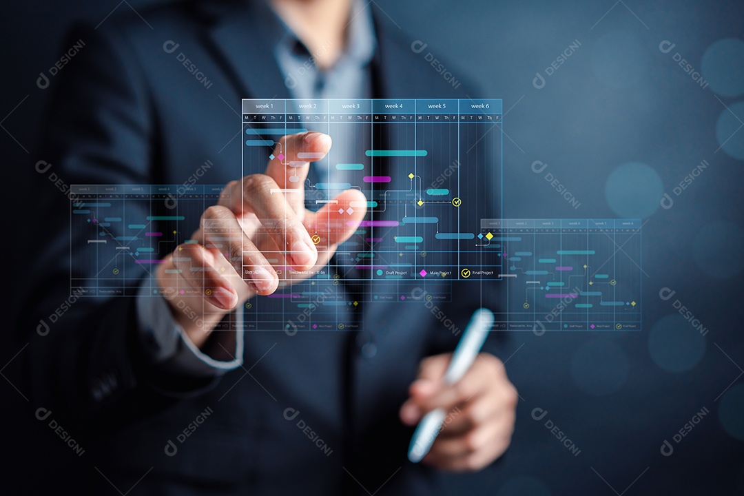 Analista trabalhando com computador em Business Analytics e Data Management System para fazer relatório com KPI e métricas conectadas ao banco de dados.