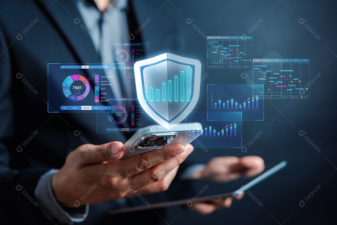 Cibersegurança e privacidade e proteger o conceito de dados. Ícone de escudo e tecnologia de segurança de rede de internet.