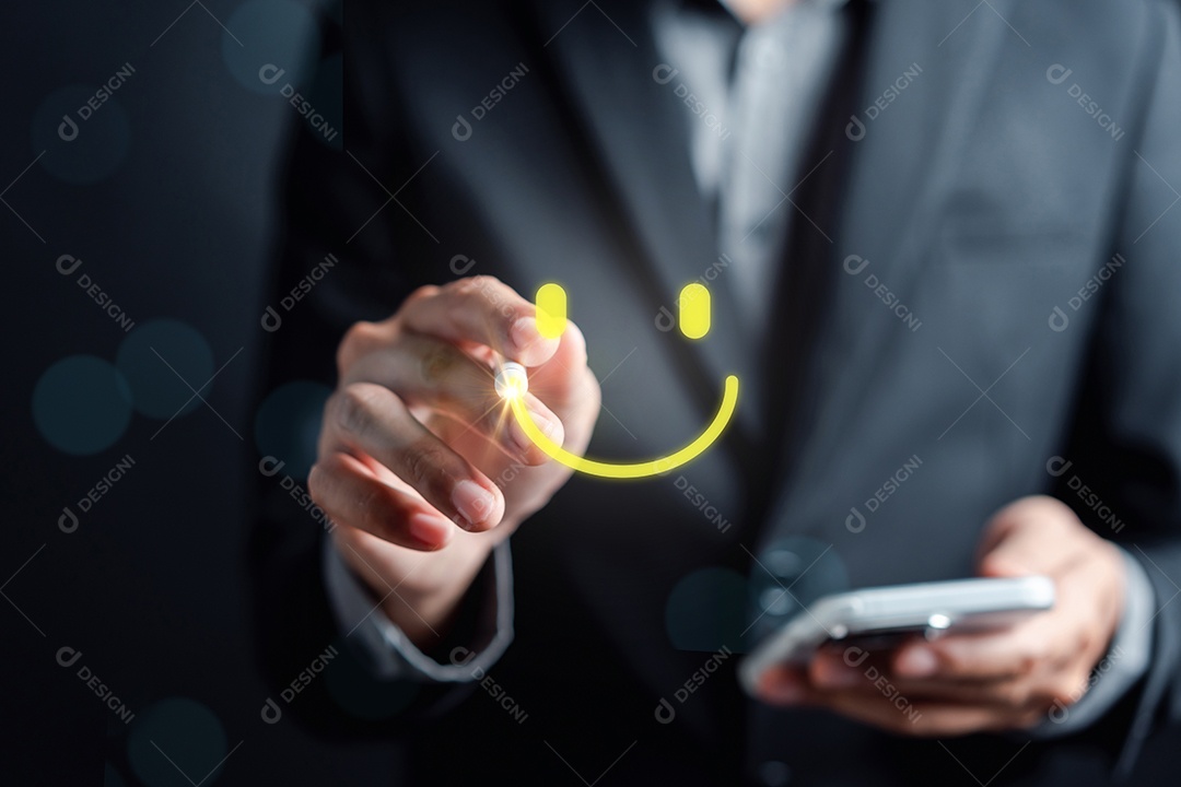 Satisfação do ícone do sorriso do desenho do empresário, pesquisa de satisfação do cliente