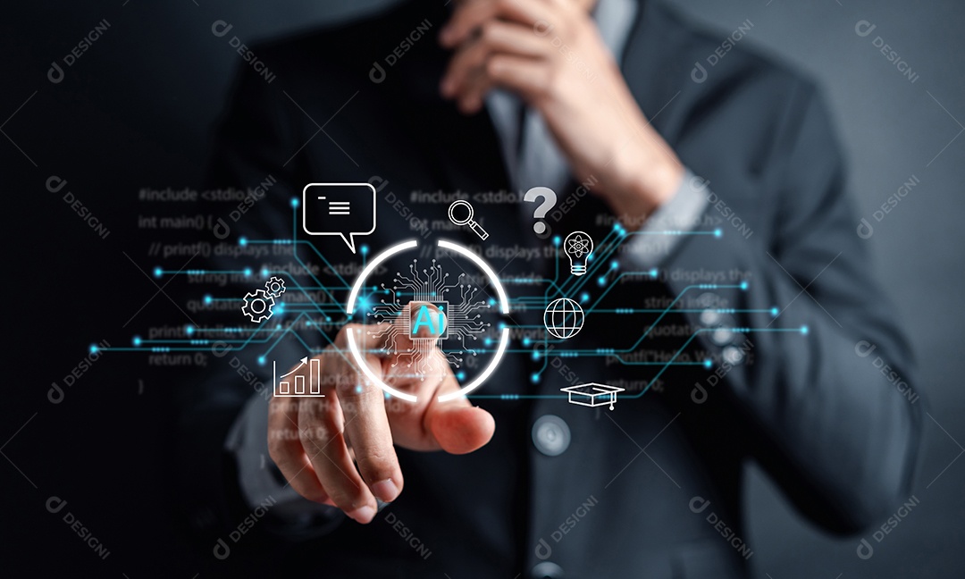 Sistema de Tecnologia Ai. Empresário usando inteligência de bot de bate-papo Ai.