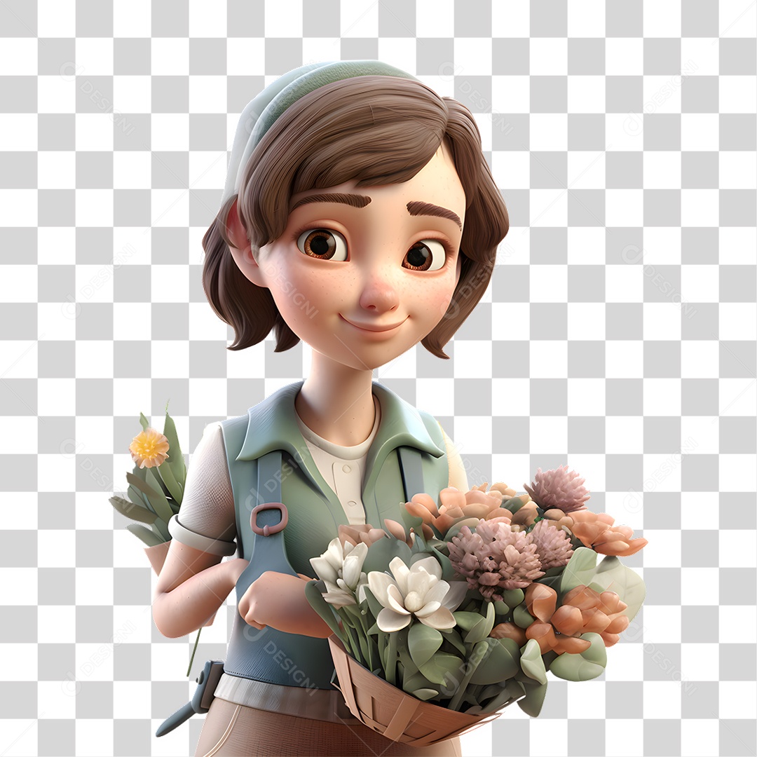 Florista Segurando Cesta de Flores 3D PNG Transparente