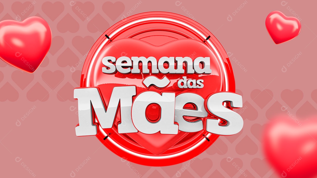 Selo 3D Semana das Mães Coração Vermelho Para Composição PSD