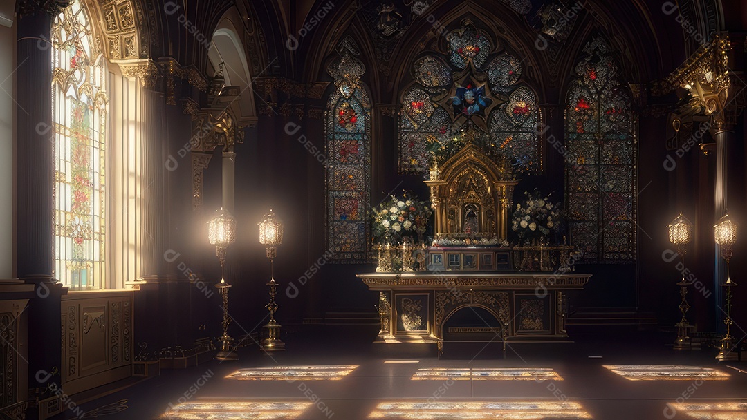 Linda imagem realista de interior de uma igreja.