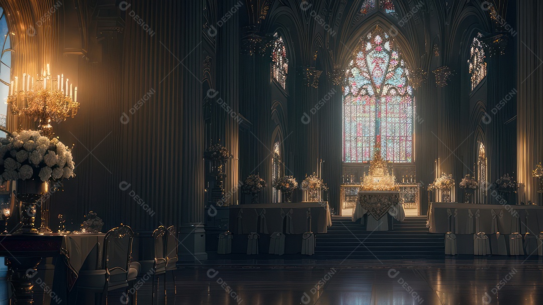 Linda imagem realista de interior de uma igreja.