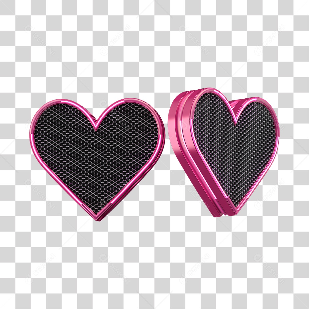 Corações Neon Rosa Com Grades Elementos 3D PNG Transparente