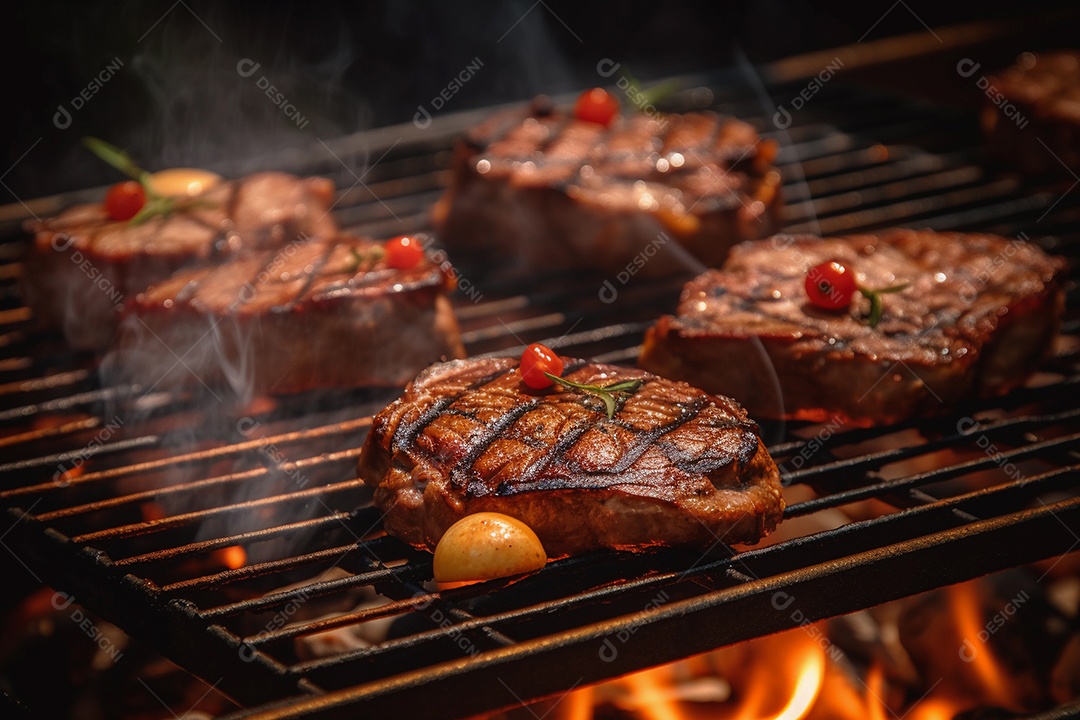 Grelhar bife na festa de churrasco, carne bovina em uma grelha.