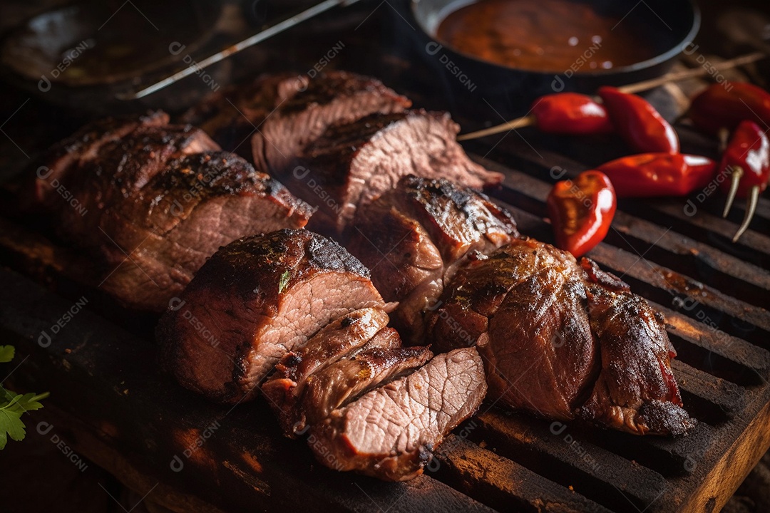 Deliciosa carne grelhada cortada na tábua de madeira, jantar de churrasco em família.