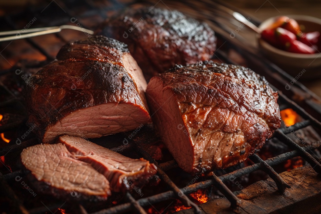 Deliciosa carne grelhada cortada na tábua de madeira, jantar de churrasco em família.
