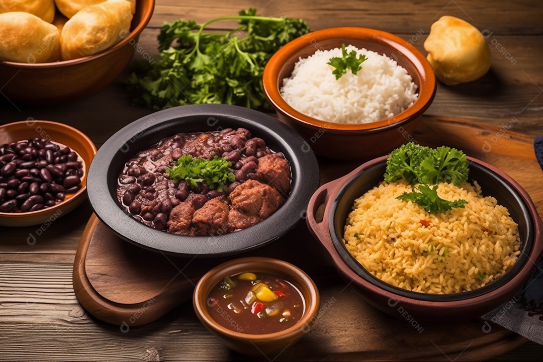 Feijoada, e acompanhamentos como mandioca, arroz, feijão, farofa, temperos e salada. comida tradicional brasileira para almoço ou jantar.