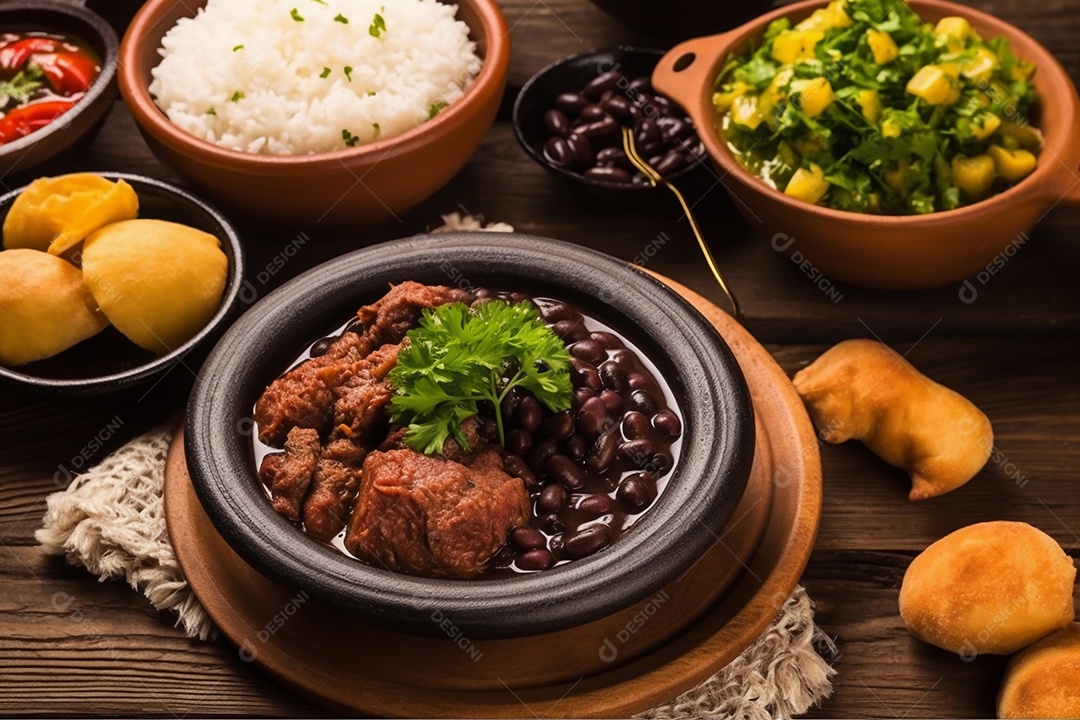 Feijoada, e acompanhamentos como mandioca, arroz, feijão, farofa, temperos e salada. comida tradicional brasileira para almoço ou jantar.