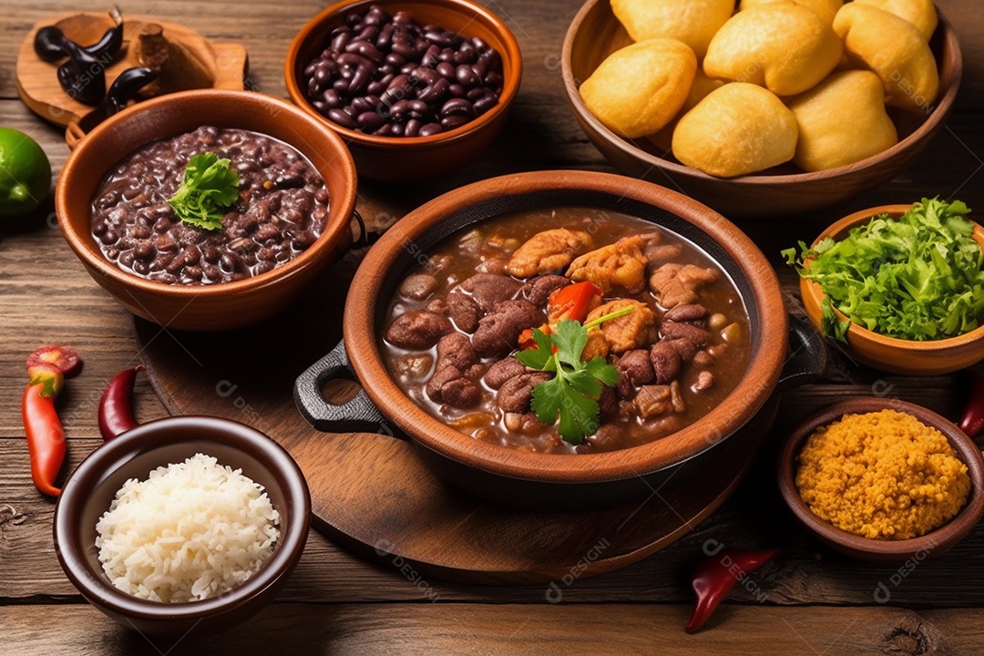 Feijoada, e acompanhamentos como mandioca, arroz, feijão, farofa, temperos e salada. comida tradicional brasileira para almoço ou jantar.