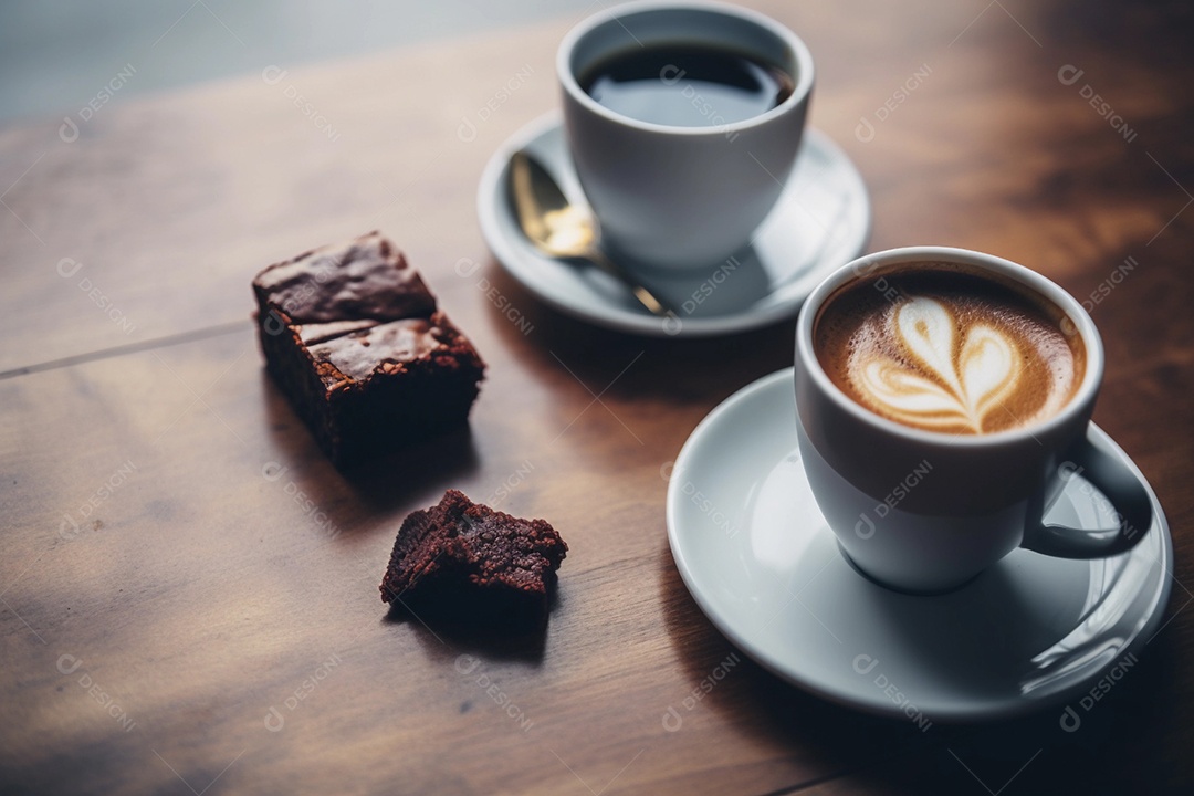 Delicioso pedaço de brownie junto com saboroso café quente ou cappuccino na mesa de madeira na cafeteria ou restaurante.