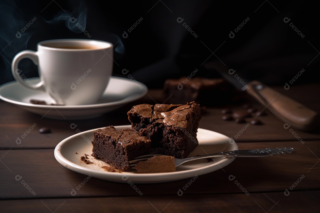 Delicioso pedaço de brownie junto com saboroso café quente ou cappuccino na mesa de madeira na cafeteria ou restaurante.
