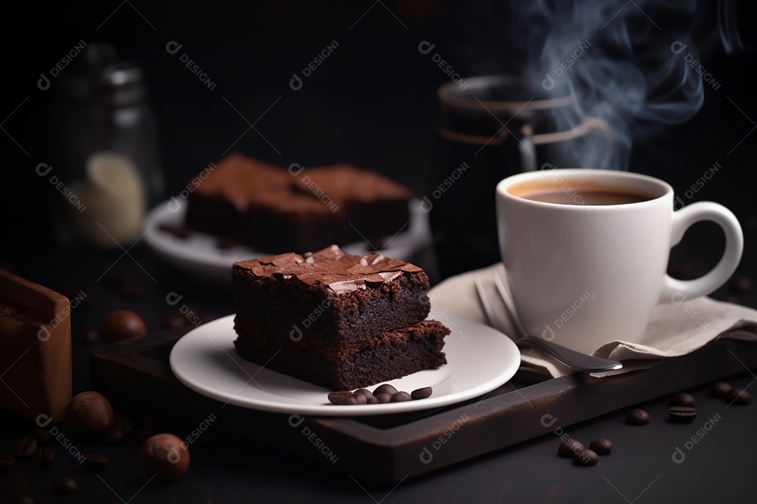 Delicioso pedaço de brownie junto com saboroso café quente ou cappuccino na mesa de madeira na cafeteria ou restaurante.