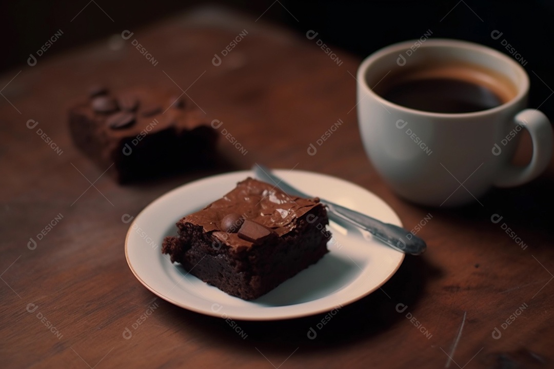 Delicioso pedaço de brownie junto com saboroso café quente ou cappuccino na mesa de madeira na cafeteria ou restaurante.