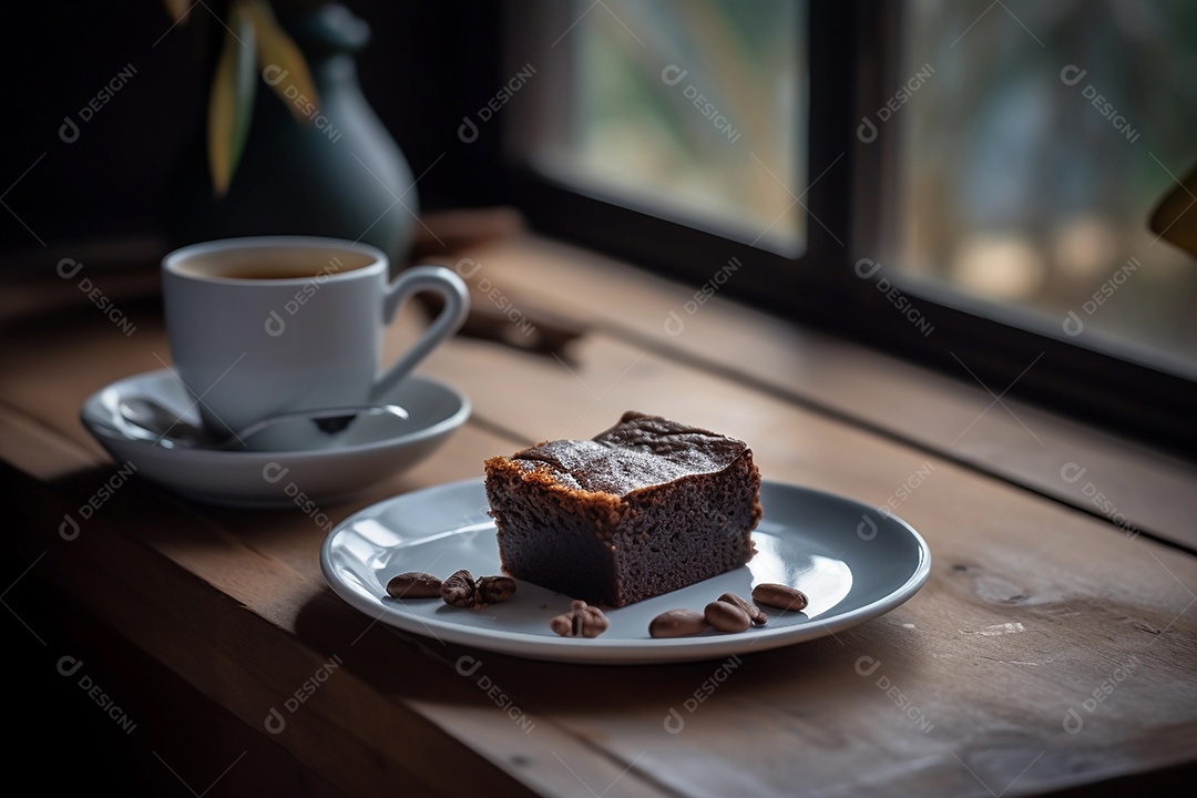 Delicioso pedaço de brownie junto com saboroso café quente ou cappuccino na mesa de madeira na cafeteria ou restaurante.