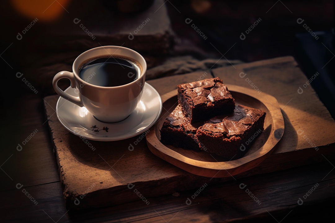 Delicioso pedaço de brownie junto com saboroso café quente ou cappuccino na mesa de madeira na cafeteria ou restaurante.