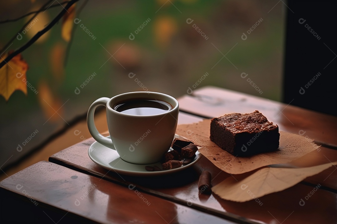 Delicioso pedaço de brownie junto com saboroso café quente ou cappuccino na mesa de madeira na cafeteria ou restaurante.