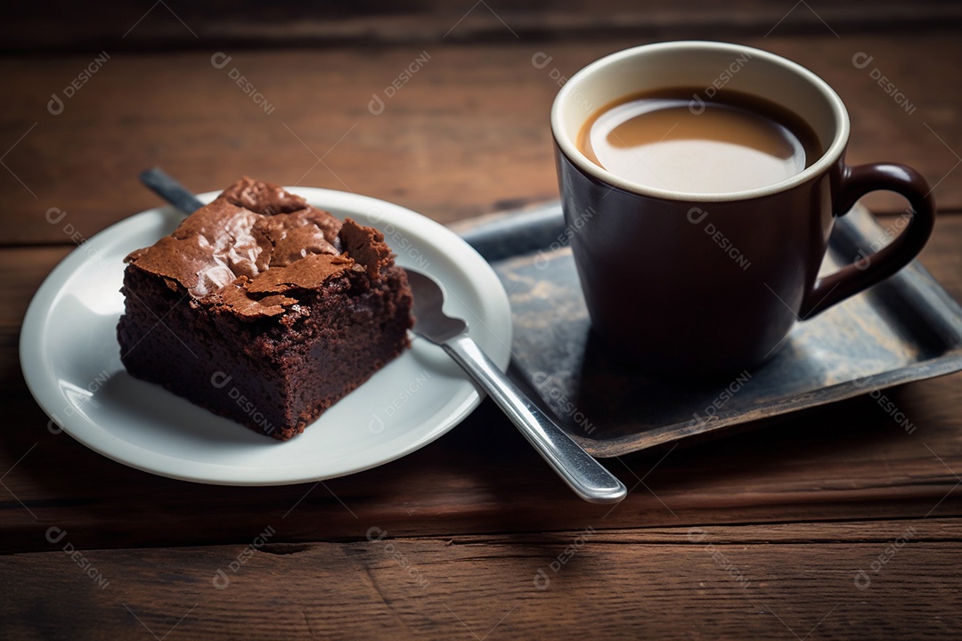 Delicioso pedaço de brownie junto com saboroso café quente ou cappuccino na mesa de madeira na cafeteria ou restaurante.
