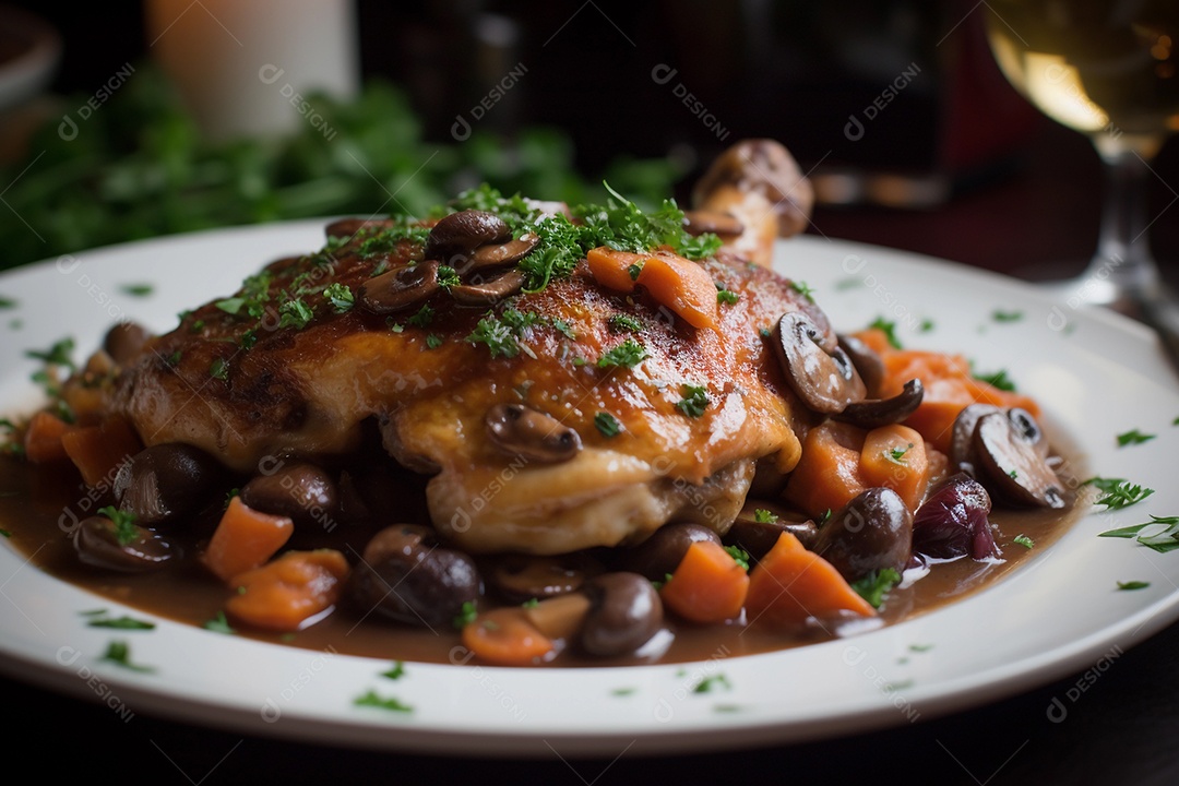 Coq au vin, prato típico da culinária francesa, feito com carne de galo e vinho.