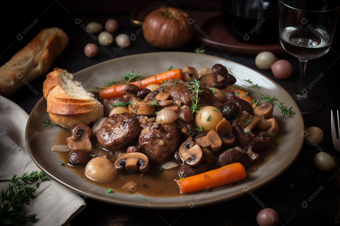 Coq au vin, prato típico da culinária francesa, feito com carne de galo e vinho.