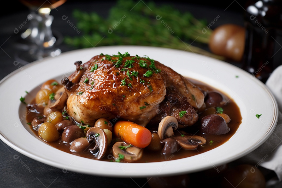 Coq au vin, prato típico da culinária francesa, feito com carne de galo e vinho.