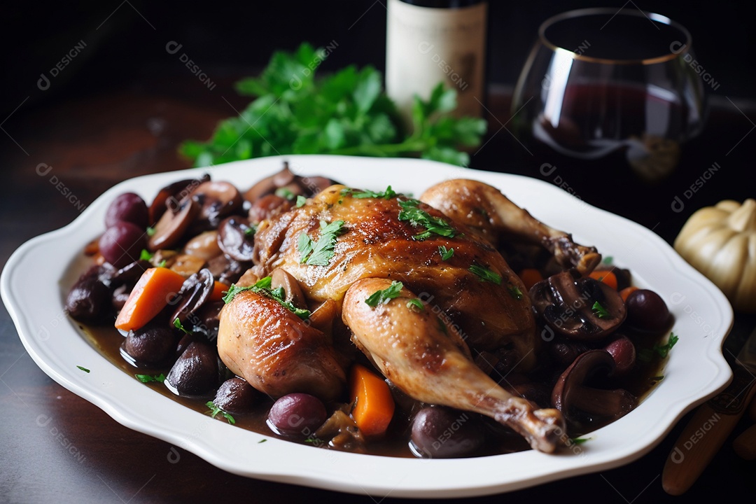 Coq au vin, prato típico da culinária francesa, feito com carne de galo e vinho.