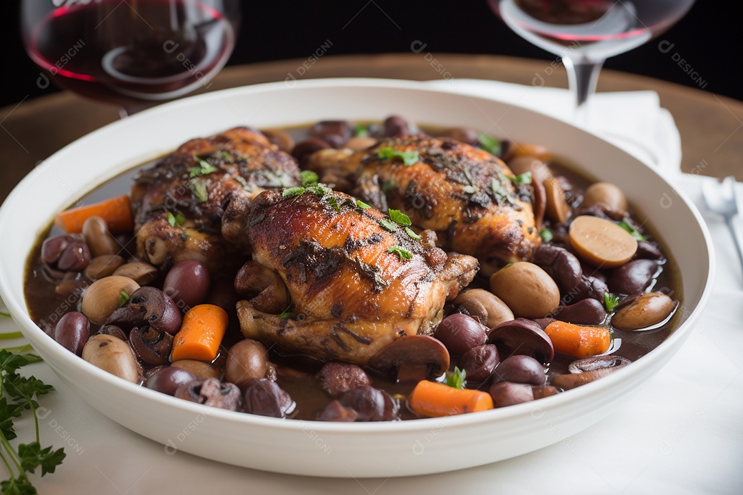 Coq au vin, prato típico da culinária francesa, feito com carne de galo e vinho.