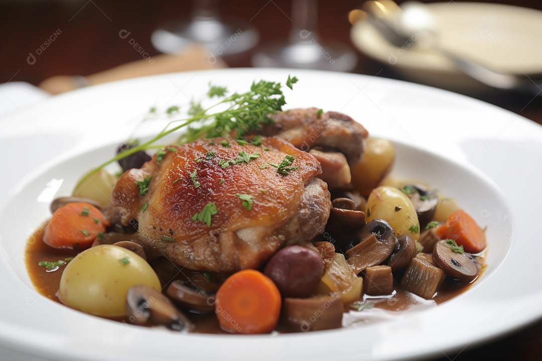 Coq au vin, prato típico da culinária francesa, feito com carne de galo e vinho.