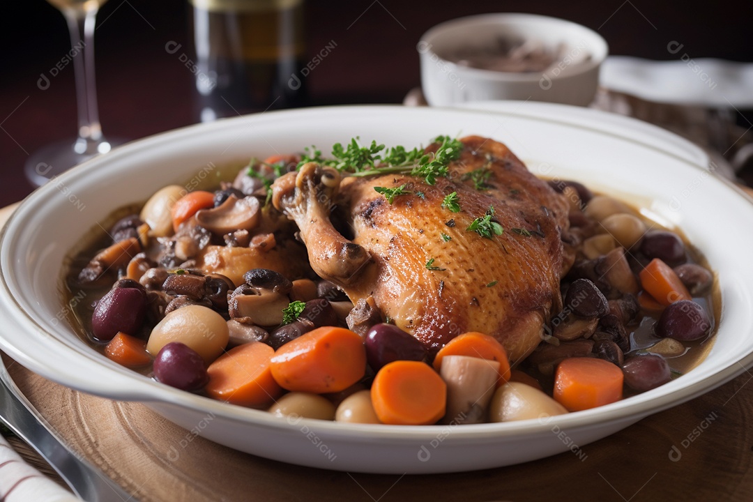 Coq au vin, prato típico da culinária francesa, feito com carne de galo e vinho.