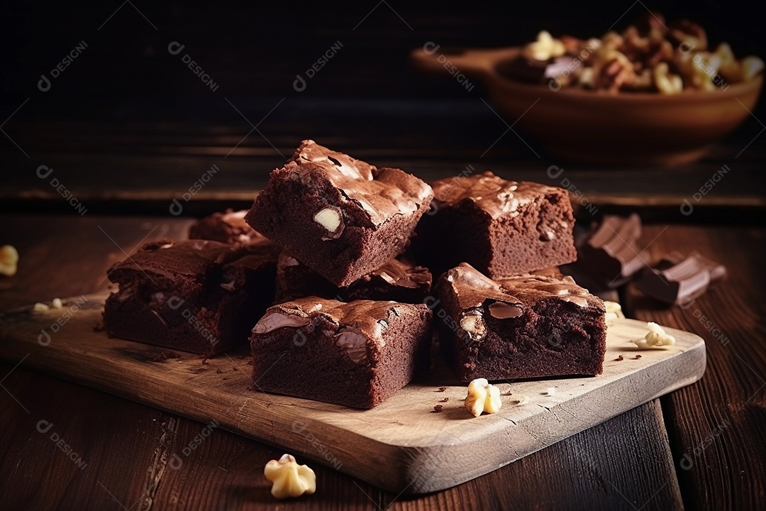 Pedaços quadrados de brownie cortam fatias sobre a mesa de madeira com mistura de nozes.