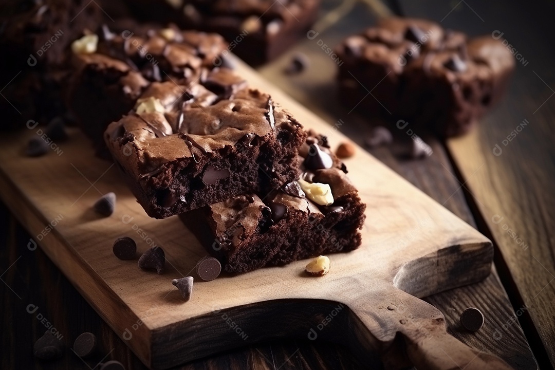 Pedaços quadrados de brownie cortam fatias sobre a mesa de madeira com mistura de nozes.