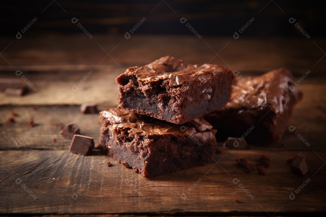 Pedaços quadrados de brownie cortam fatias sobre a mesa de madeira com mistura de nozes.