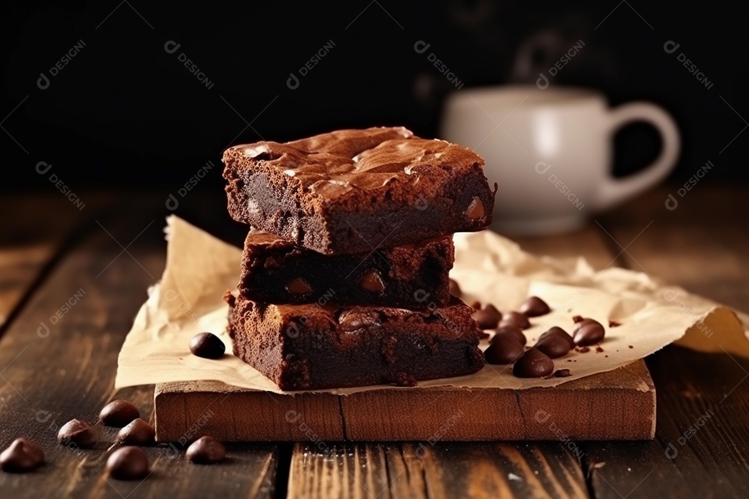 Pedaços quadrados de brownie cortam fatias sobre a mesa de madeira com mistura de nozes.