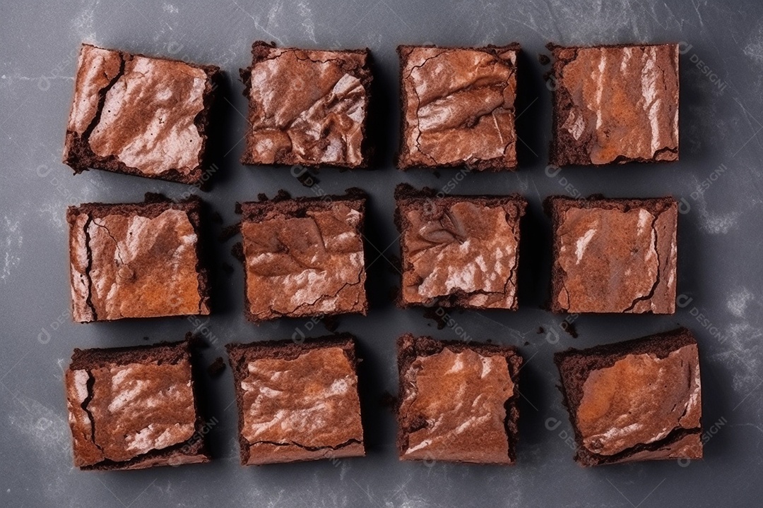 Pedaços quadrados de brownie cortam fatias sobre a mesa de madeira com mistura de nozes.