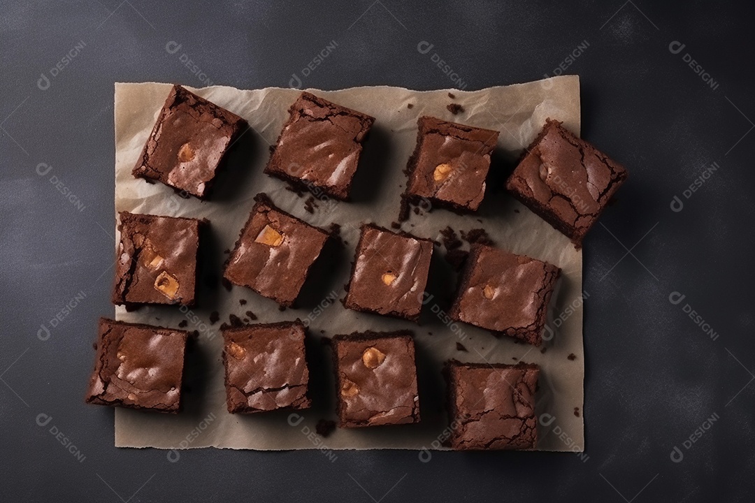 Pedaços quadrados de brownie cortam fatias sobre a mesa de madeira com mistura de nozes.
