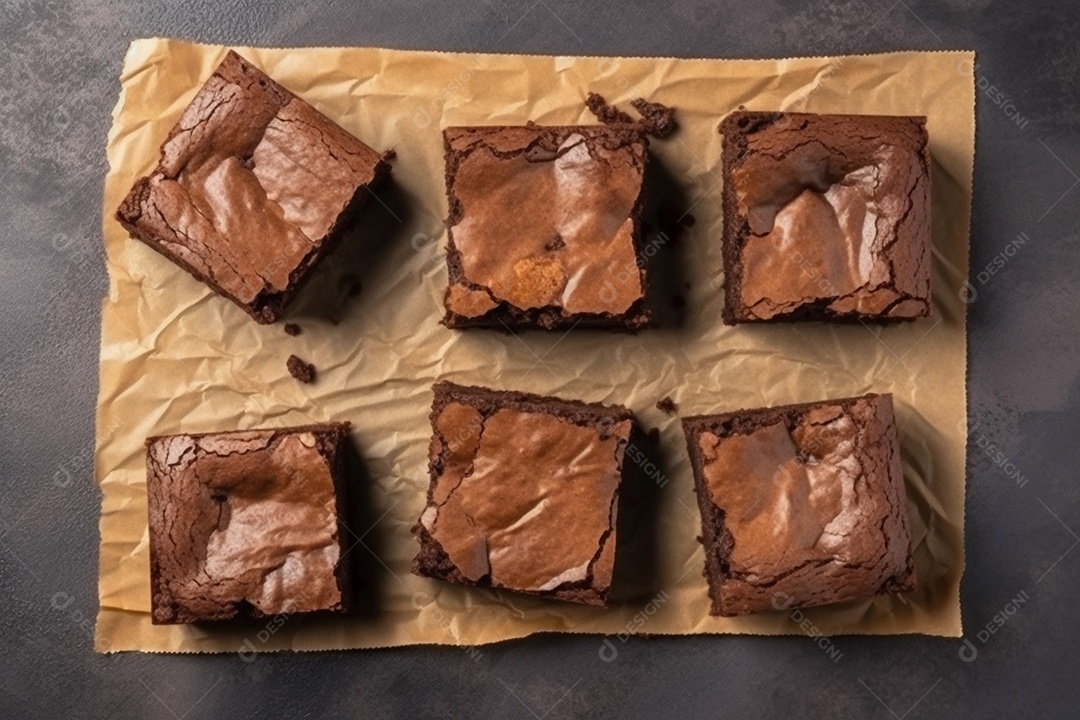 Pedaços quadrados de brownie cortam fatias sobre a mesa de madeira com mistura de nozes.