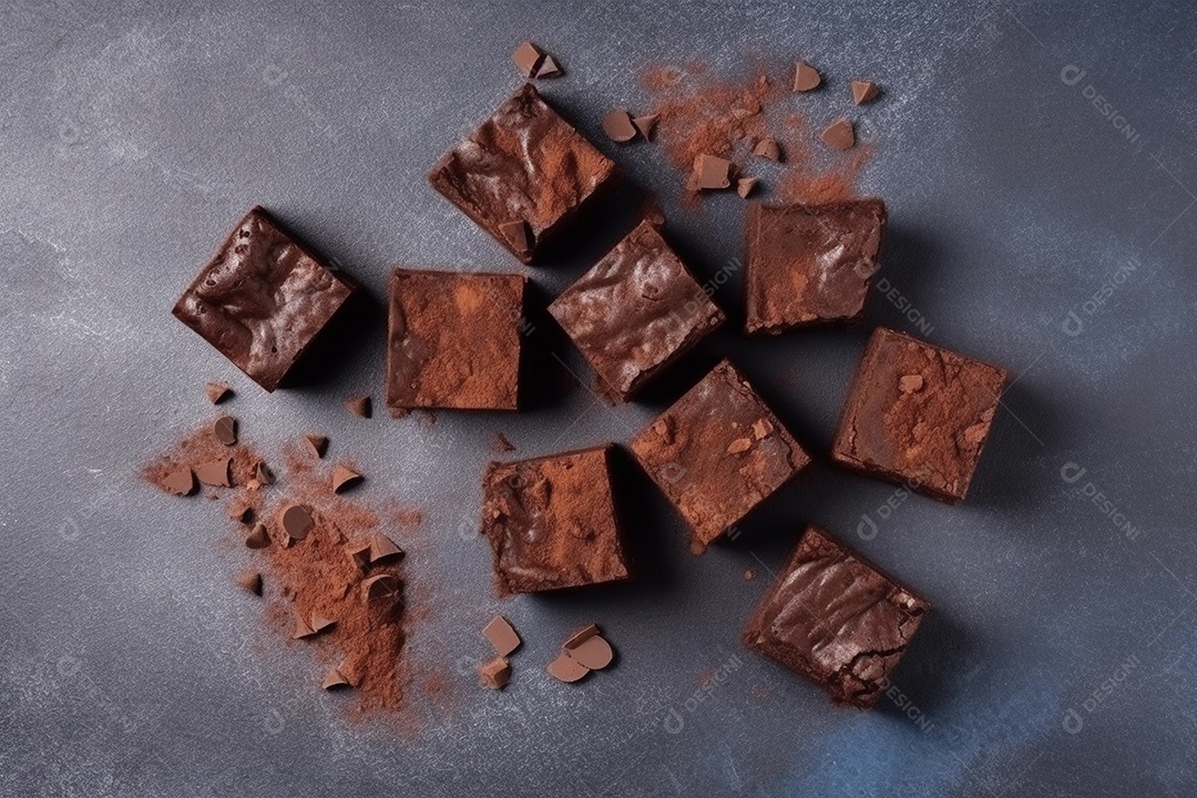 Pedaços quadrados de brownie cortam fatias sobre a mesa de madeira