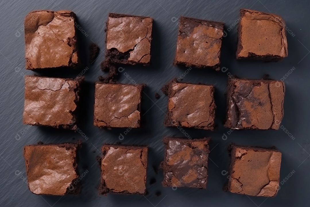 Pedaços quadrados de brownie cortam fatias sobre a mesa de madeira