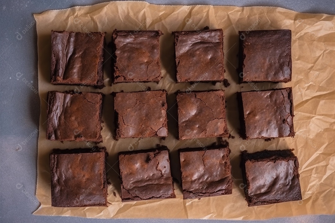 Pedaços quadrados de brownie cortam fatias sobre a mesa de madeira